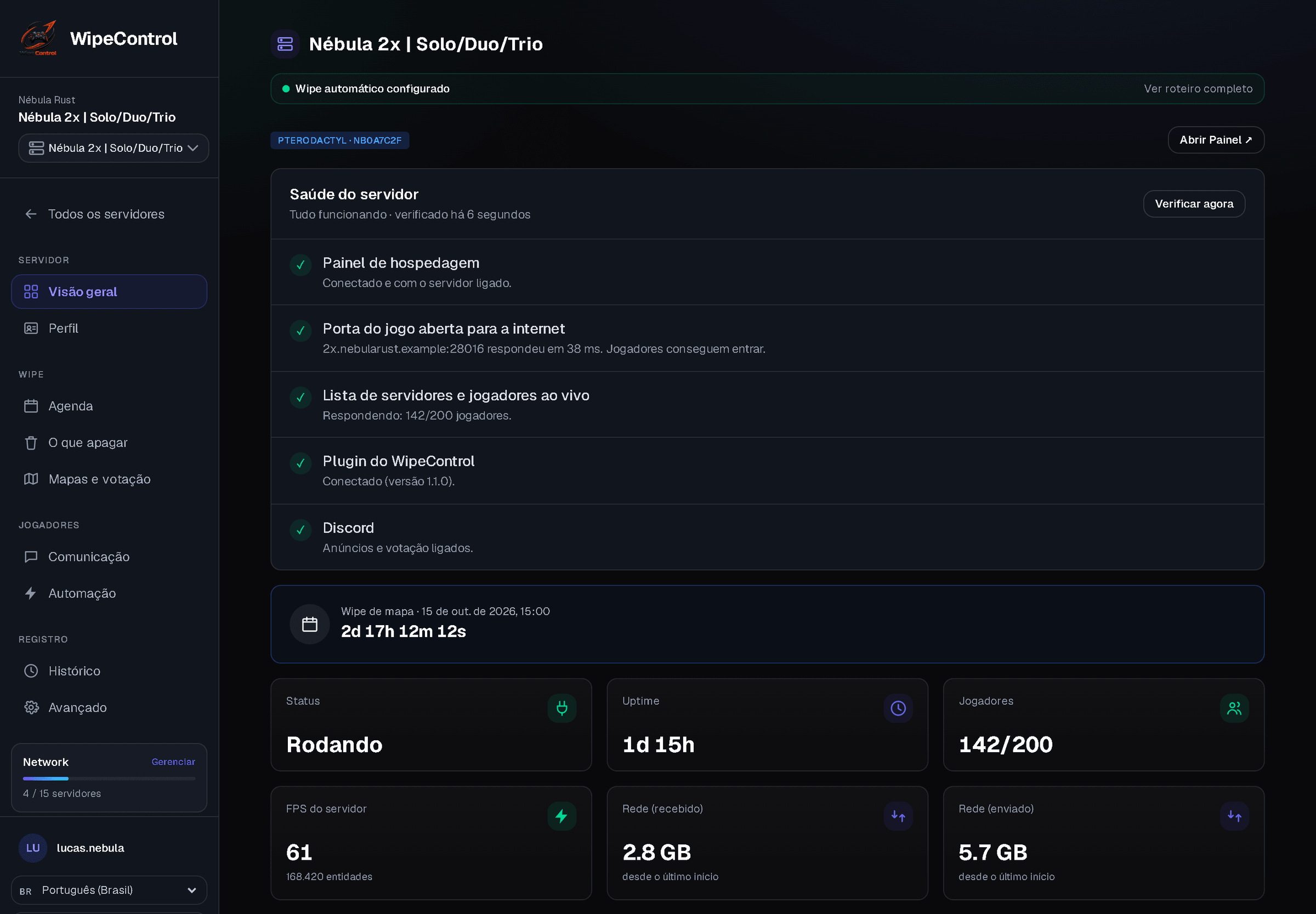 Saúde do servidor testada de fora, jogadores ao vivo, FPS, recursos e contagem para o próximo wipe.